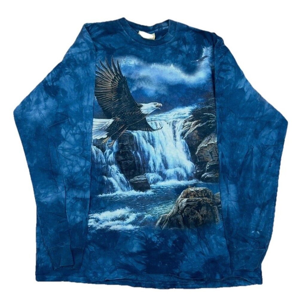 Y2K Bald Eagle T-Shirt  Long Sleeve Blue Tie Dyed All Over Print Mountain XL VTG